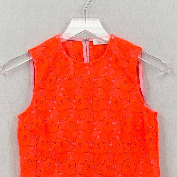 ALC Adriana Crop Top Women 0 Neon Orange Floral Lace Crew neck Scalloped Crochet - Picture 4 of 15